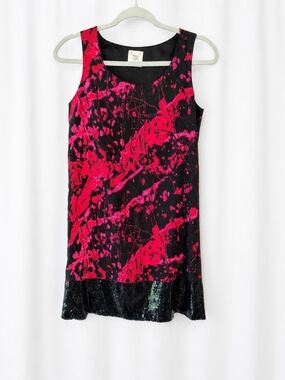 Mac + Jac Black Hot Pink Dress Linen Cotton Sleeveless Sequin Hem Scoop Neck